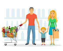 familia compras caracteres colocar, compras, aislado en blanco. grupo gente. centro comercial compras, en línea compras, sano comiendo, familia con comida desde el supermercado. vector ilustración en plano estilo