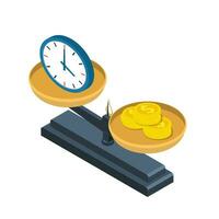 Scales with hours and a coin. Concept time and money.Balance between work and the given time.Isometry 3D icon. Vector illustration in flat style