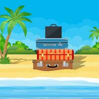 Open baggage, luggage, suitcases with travel icons and objects on tropical background. vector illustration in flat design