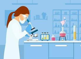 Woman scientist looking microscope, studying the coronavirus 2019-nCoV, with laboratory and equipment background . Female laboratory assistant working at the table in potective glasses. vector