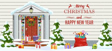 House with Christmas decorations. wooden home entrance facade with Xmas lights, tree and gifts on snow. Merry christmas holiday. New year and xmas celebration. Vector illustration flat style