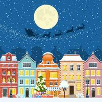 happy new year and merry Christmas winter old town street. christmas town city seamless border panorama. Santa Claus with deers in sky above the city. Vector illustration in flat style