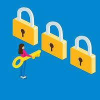 3d isometric businesswoman holding golden key and thinking in front of three golden lock. Business choice and opportunity concept. vector