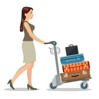 mujer con equipaje carretilla en aeropuerto. viaje concepto. vector ilustración en plano estilo