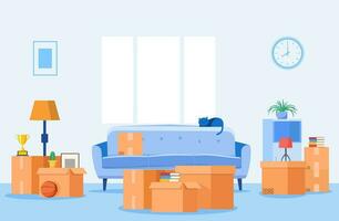 Moving concept of home interior with Paper cardboard boxes. Moving with boxes to new home. Pile of stacked cardboard boxes. Vector illustration in flat style