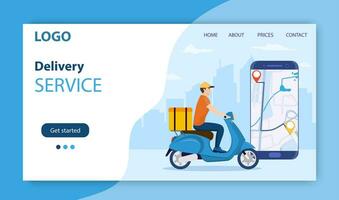 Online delivery service concept, online order tracking, delivery home and office. scooter courier. Online pizza order. Landing page concept. Vector illustration in flat style