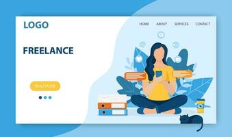 Freelance work landing page template. Concept design for poster, banner, flyer, web page. Woman using phone sitting in nature with crossed legs. Vector illustration in flat style