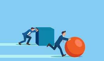 Winning strategy business concept. Competition. Enterprising businessman pushes sphere. Behind are pushing heavy load. Direction to victory. Effective achievement. vector