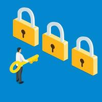 3d isometric businessman holding golden key and thinking in front of three golden lock. Business choice and opportunity concept. vector