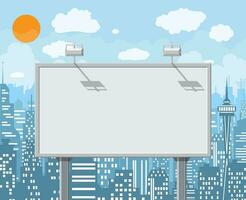 Empty urban big board or billboard with lamp. Blank mockup. Marketing and advertisement. Cityscape background with buildings, sky and clouds. Vector illustration in flat style