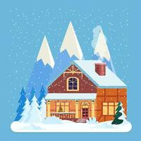 Decorated building for new year eve, home with lights and with fir tree prepared for christmas celebration. New year and xmas celebration. Vector illustration flat style