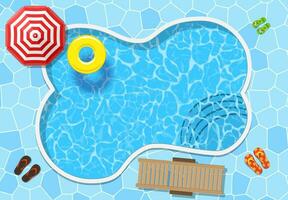 Top view of swimming pool with parasol and other beach things. Vector illustration in flat style