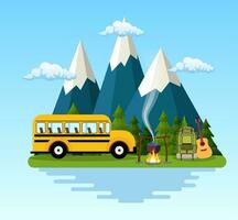 school bus, campfire, mountains, forest and water. Background for summer camp, nature tourism, camping or hiking design concept. Vector illustration in flat style