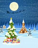 Christmas landscape background with snow and tree. Merry christmas holiday. New year and xmas celebration. Vector illustration in flat style