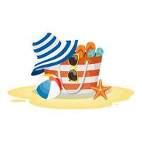 hembra bolso con playa accesorios. conjunto de verano diseño elementos. lata ser usado para vacaciones póster, playa fiesta invitación. vector ilustración en plano estilo