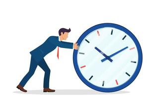 empresario emprendedor grande reloj. negocio hombre corriendo prisa a obtener en tiempo. trabajo excesivo, fecha límite, inversión, ahorros, futuro ingreso, dinero beneficio. hora es dinero. vector ilustración en plano estilo.