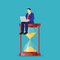 Time management control. Businessman with laptop sitting working sitting on a big hourglass. Organization of process. Vector illustration in flat style