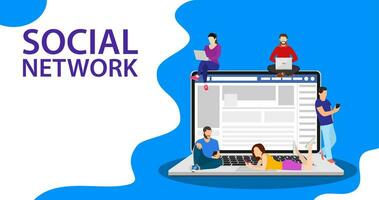 Social network web site surfing concept. people using mobile gadgets such as smartphone, tablet pc and laptop part of online community. Vector illustration in flat style