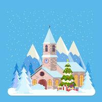 Decorated building for new year eve, church with lights and with fir tree prepared for christmas celebration. New year and xmas celebration. Vector illustration flat style