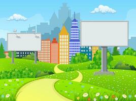 Empty urban big board or billboard with lamp. Blank mockup. Marketing and advertisement. Cityscape background with buildings, sky and clouds. Vector illustration in flat style