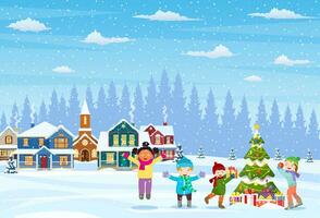 contento nuevo año y alegre Navidad saludo tarjeta. Navidad paisaje. niños decorando un Navidad árbol. invierno vacaciones. vector ilustración en plano estilo