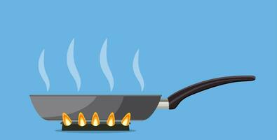 Pan on blue background. Empty Iron frying pan on high heat. Kitchen utensils for cooking food. Vector illustration in flat style.