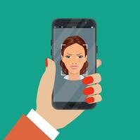 Face recognition , biometric security system concept. Hand holding smartphone with human head and scanning app on screen. Modern application. Vector illustration in flat style