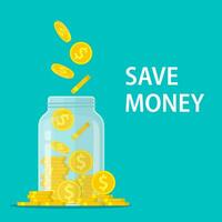 Money Jar. Saving dollar coin in jar.Save your money concept. Vector illustration in flat style