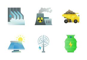 Power Plants icon set vector in full color gradient style, it contains hydropower, nuclear reactor, solar panel, wind power, natural gass, and coal mine.