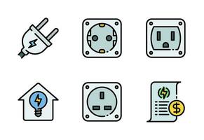 Home electricity icon set vector in colored outline style, it contains electric plug, socket, connector, bill, and house lights.