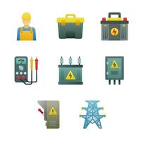 Vector icon set electrical enginering in full color gradient style, it contains electrician, battery, electricity tower, power station, and electric tool.