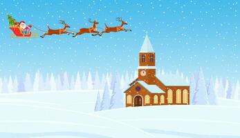 A house in a snowy Christmas landscape. Santa Claus flying on a sleigh. concept for greeting or postal card. Merry christmas holiday. New year and xmas celebration vector