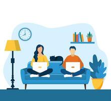 man and woman with laptop sitting on the sofa. Freelance or studying concept. web page design template for online education, learning, video tutorials. Vector illustration in flat style