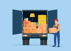 Delivery service concept. moving house. Open delivery truck with furnitures and cardboard boxes. Man with cardboard boxes. Vector illustration in flat style