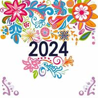Happy new year 2024 with floral elements. Hand drawn illustration. photo