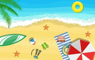 beach sun umbrellas flip-flops and beach Mat on the background of sand near the sea surf with starfish, top view. Vector illustration in flat style