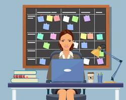 Business woman working at desk Planning schedule on task board concept. Planner, calendar on whiteboard. List of event for employee. Vector illustration in flat style