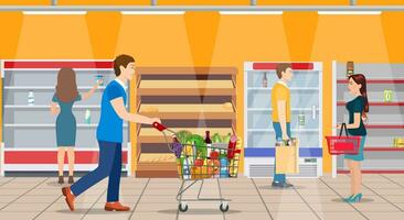 clientes personas bying productos en supermercado. tienda de comestibles y consumismo concepto. vacío Tienda estantes. vector ilustración en plano estilo