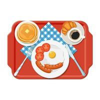 plastic tray. Breakfast concept. Appetizing delicious breakfast of coffee, fried egg with sausage, croissant and pancakes . Vector illustration in flat style