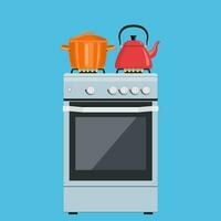 Kitchen stove. Boiling pot and kettle on the stove. Preparing food, cooking. can be used on websites, UI, UX, web and mobile phone apps. Vector illustration in flat style.