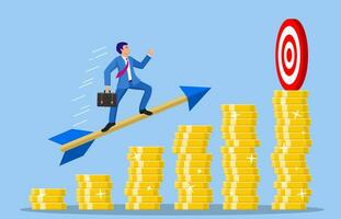 Businessman aim arrow to target on coin graph going up. Goal setting. Smart goal. Business target concept. Achievement and success. Vector illustration in flat style