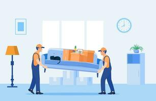 Concept moving house. Men in overalls taking boxes and furniture out of apartment. Moving with boxes to new home. Pile of stacked cardboard boxes. Vector illustration in flat style