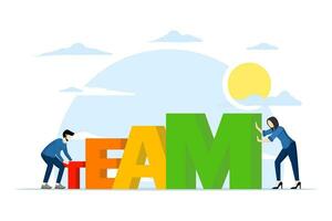 Business teamwork concept. business people arrange boxes with team writing on them. Flat design style vector illustration. Symbol of teamwork, cooperation, partnership. flat vector illustration.