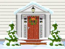 Entrance to the suburban house decorated with a Christmas wreath on the door with a garland and spruce. Merry christmas holiday. New year and xmas celebration. Vector illustration flat style