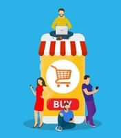 E-commerce cart concept. people using mobile gadgets such as tablet and smartphone for online purchasing and ordering goods. Vector illustration in flat style