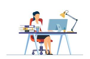 Businesswoman sitting at desk working on computer in office. Office worker working paperwork. Computer on table. Vector illustration in flat style