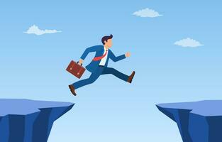 businessman jump through the gap in the rocks. an employee with a running jump from one cliff to another. the concept of business risk and success.Vector illustration in flat style. vector