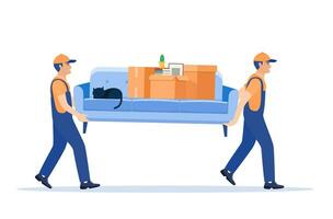 Moving service and delivery company. Delivery character man movers carry sofa with big carton cardboard box. Delivery and relocation service concept. Vector illustration in flat style