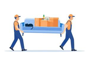 Moving service and delivery company. Delivery character man movers carry sofa with big carton cardboard box. Delivery and relocation service concept. Vector illustration in flat style