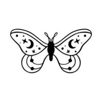 Celestial Butterfly Doodle Illustration. Hand Drawn Beautiful Line Art Butterfly Tattoo. This boho butterfly  are good for design of mystical project, card and poster making, decoration clothes, etc vector